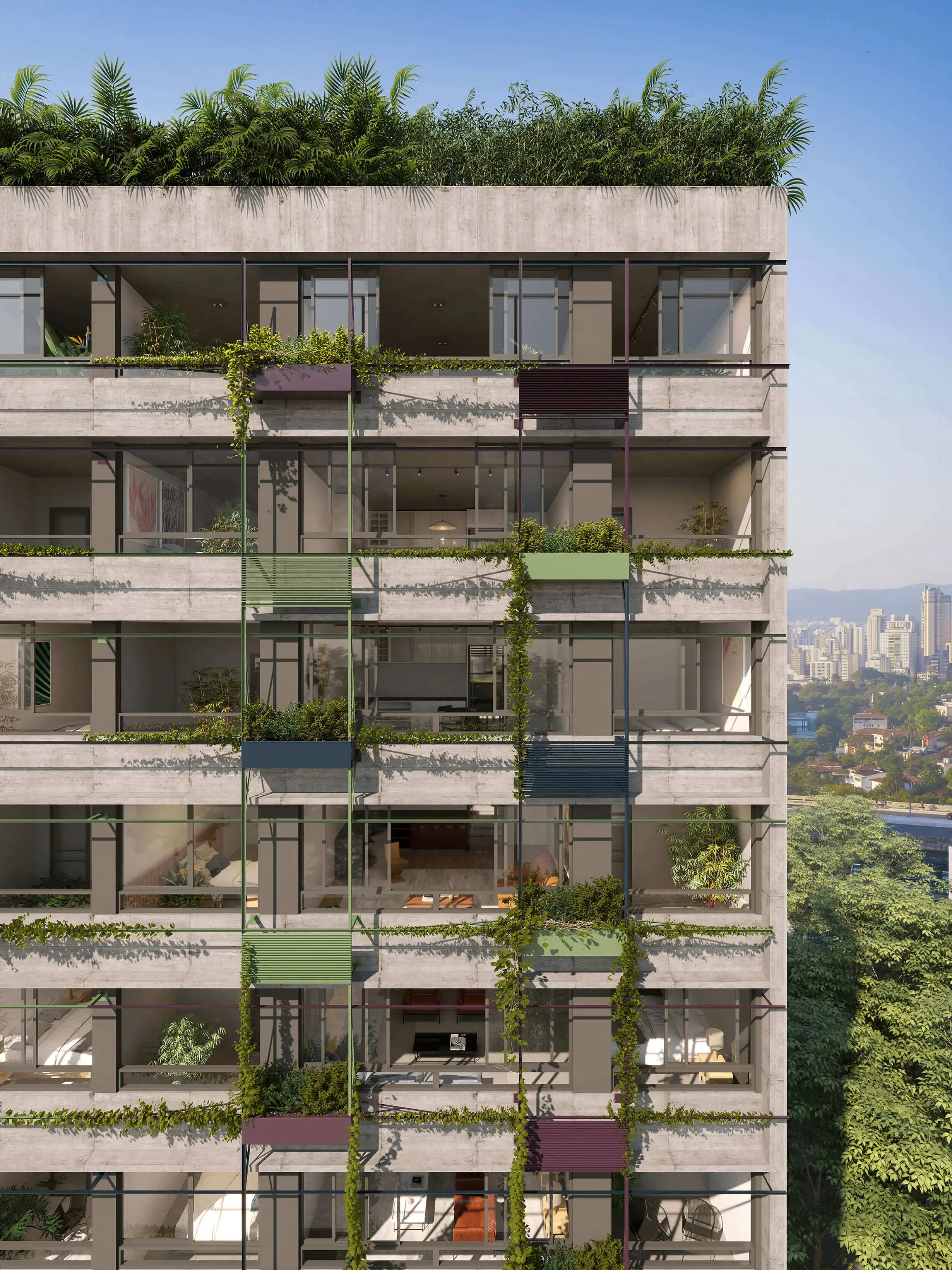 Edifício moderno com varandas verdes e floreiras integradas à arquitetura
